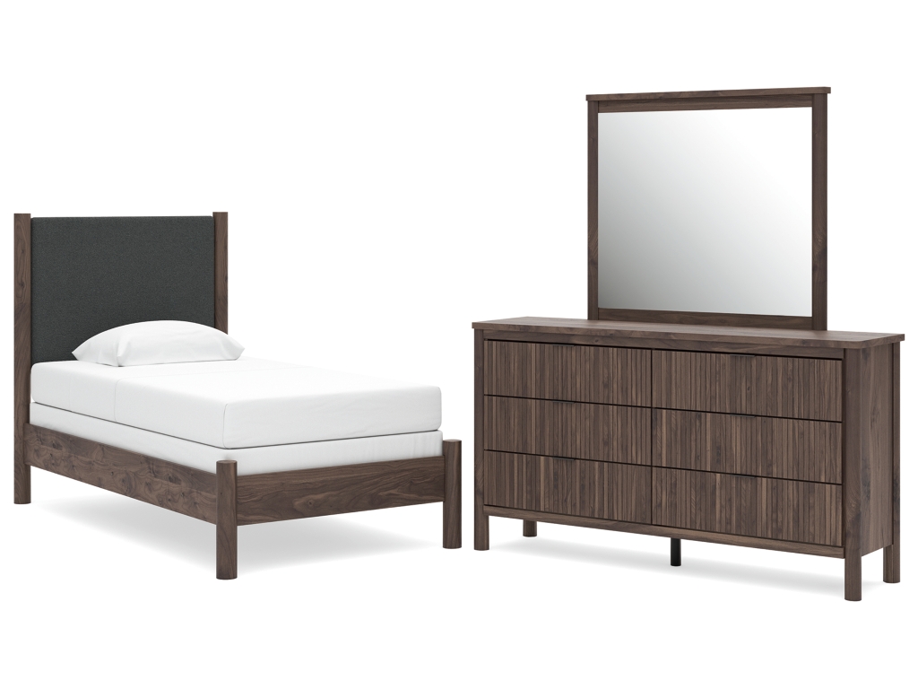 Pamytta Twin Upholstered Panel Bed, Dresser and Mirror - main image