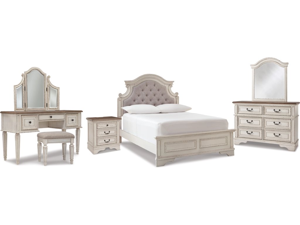 Realyn Full Panel Bed, Dresser, Mirror, 3-Piece Vanity and Nightstand - main image