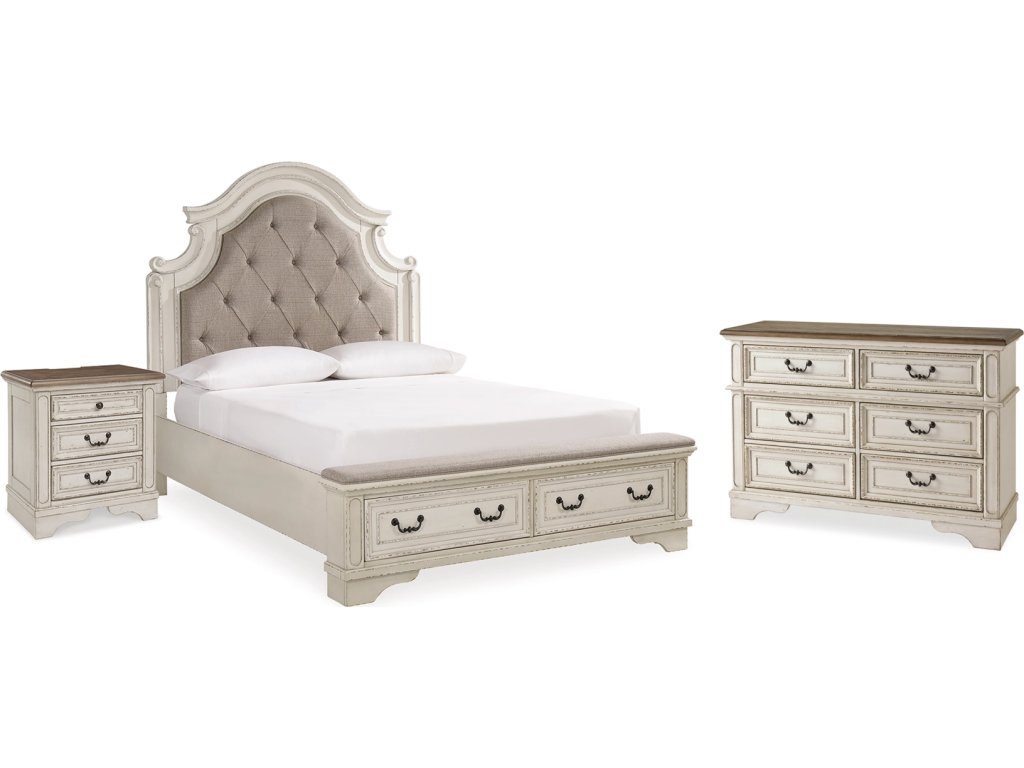 Realyn Queen Upholstered Panel Bed with Storage, Dresser and Nightstand - main image
