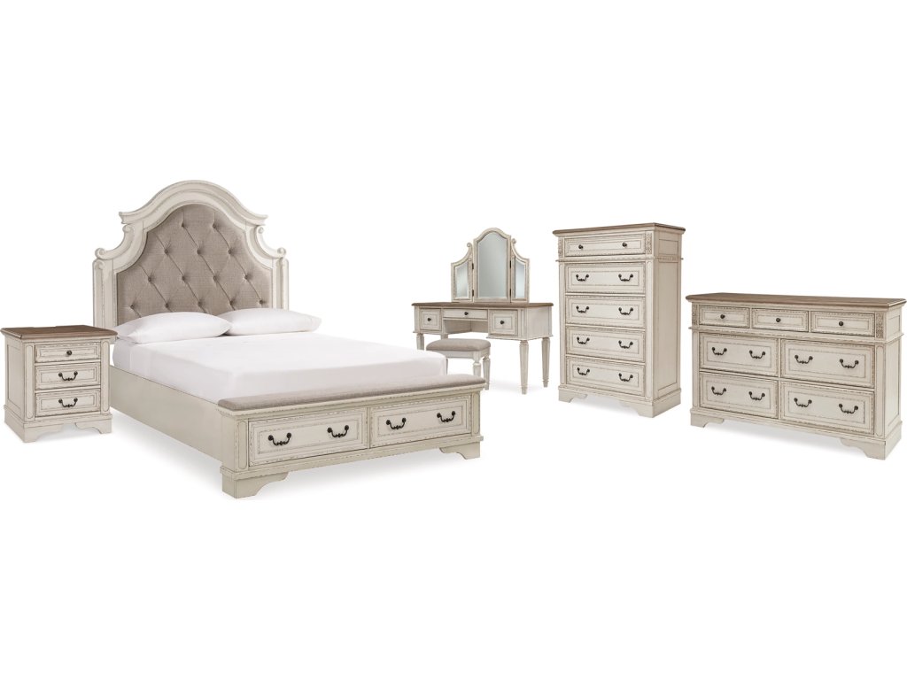 Realyn Queen Upholstery Panel Bed, Dresser, Chest, Nightstand, and Vanity Set - main image