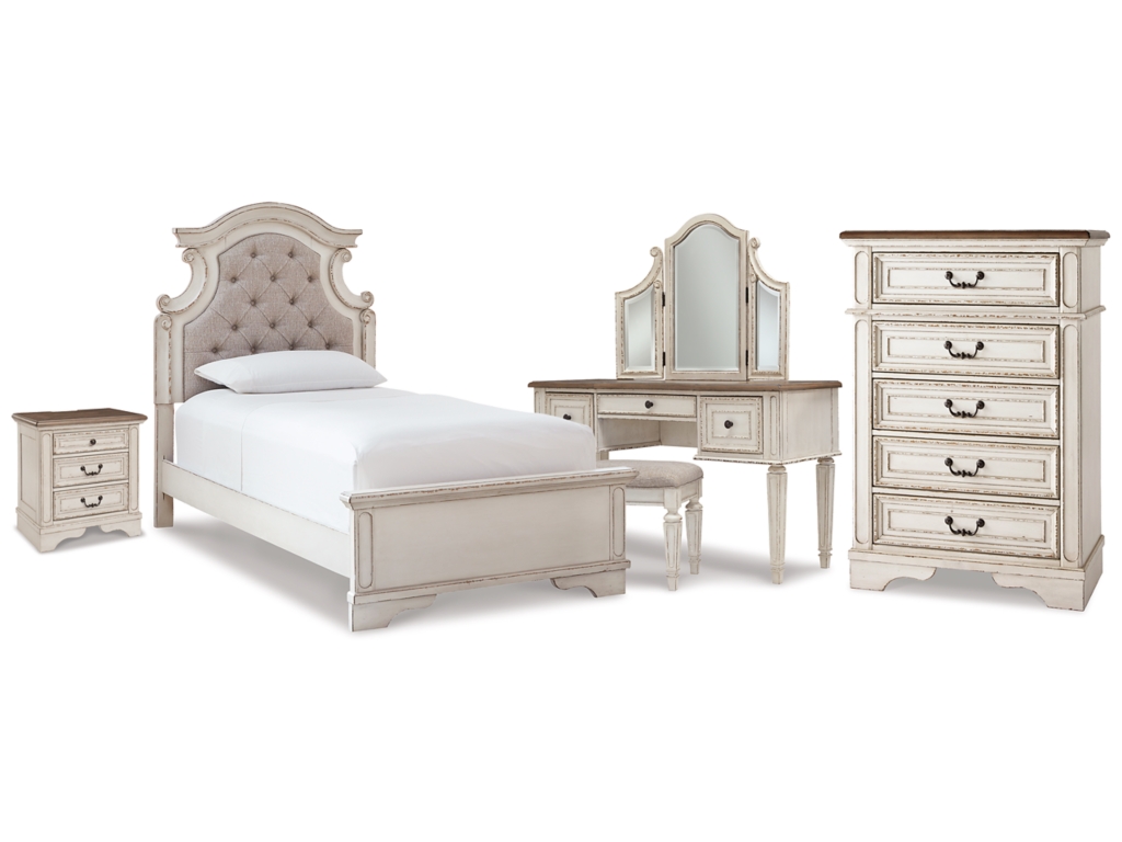 Realyn Twin Upholstered Panel Bed, Chest, Vanity and Nightstand - main image