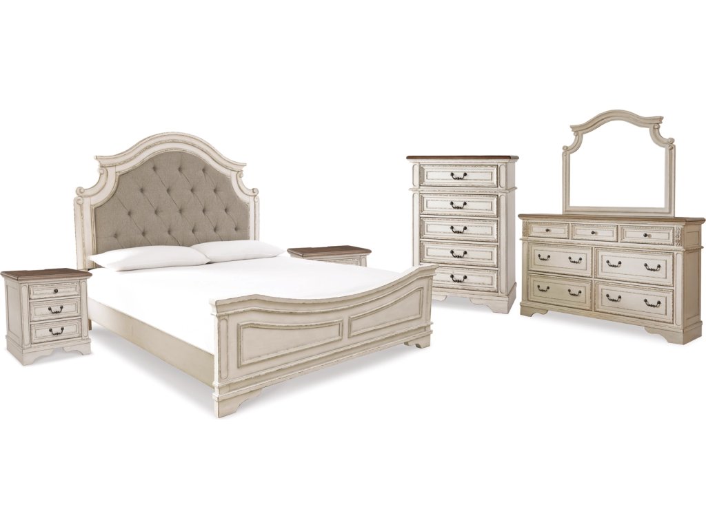 Realyn King Upholstered Panel Bed, Dresser, Mirror, Chest and 2 Nightstands - main image