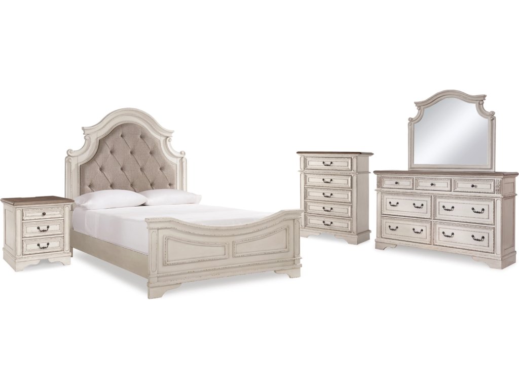 Realyn Queen Upholstered Panel Bed, Dresser, Mirror, Chest and Nightstand - main image