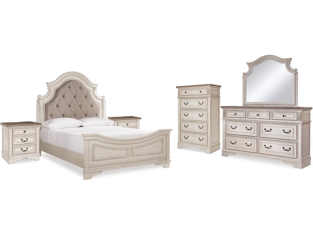 Realyn Queen Upholstered Panel Bed, Dresser, Mirror, Chest and 2 Nightstands - image 1