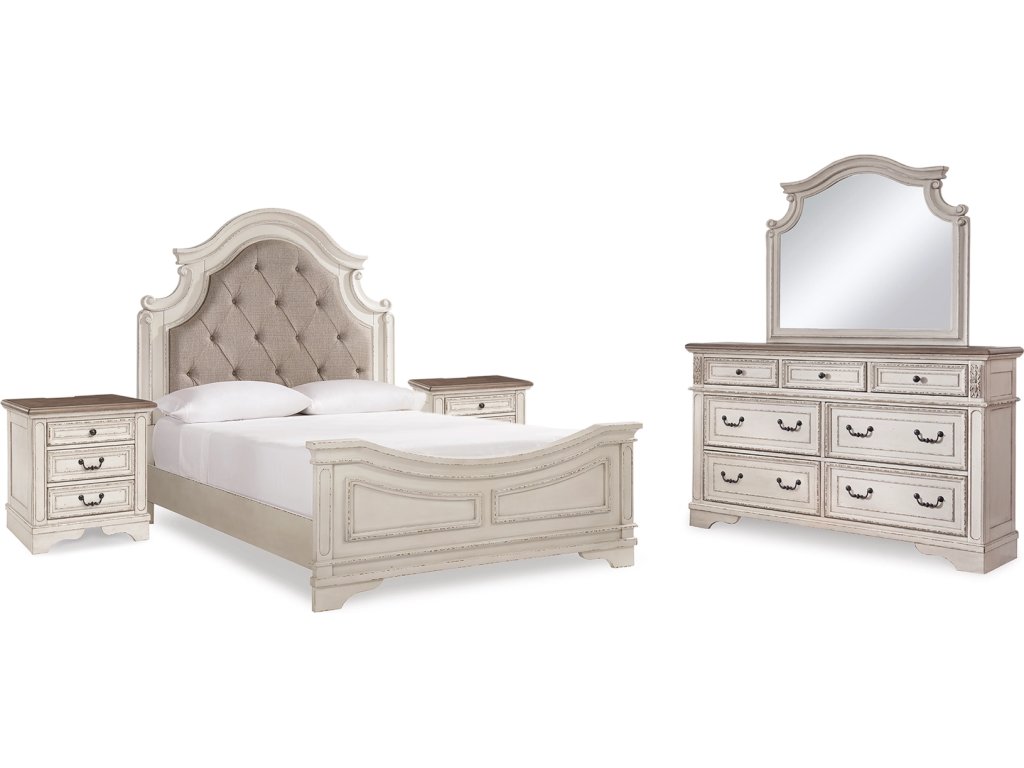 Realyn Queen Upholstered Panel Bed, Dresser, Mirror and 2 Nightstands - main image