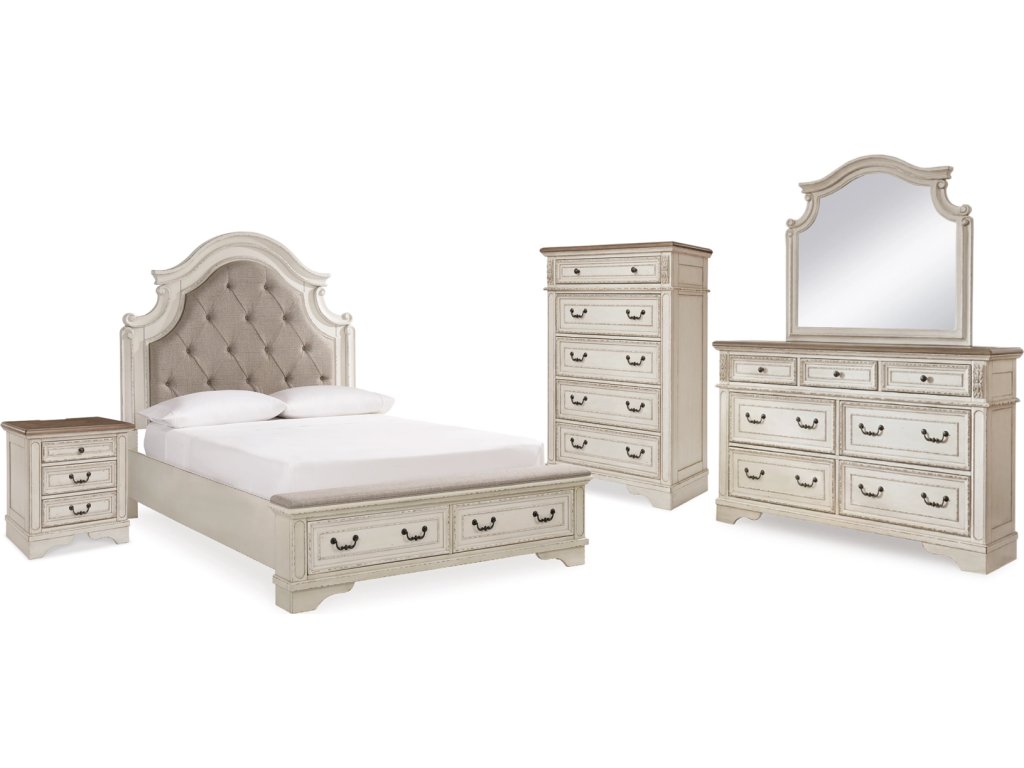 Realyn Queen Upholstered Bed, Dresser, Mirror, Chest and Nightstand - main image