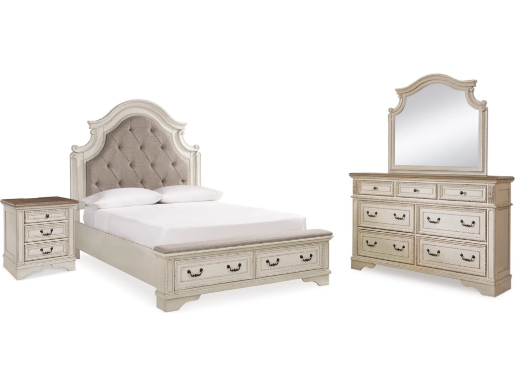 Realyn Queen Upholstery Panel Bed, Dresser, Mirror and Nightstand - main image