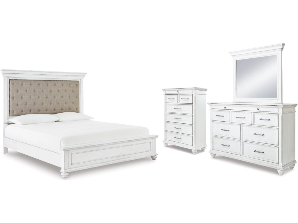 Kanwyn Cal King Upholstered Panel Bed, Dresser, Mirror and Chest - main image