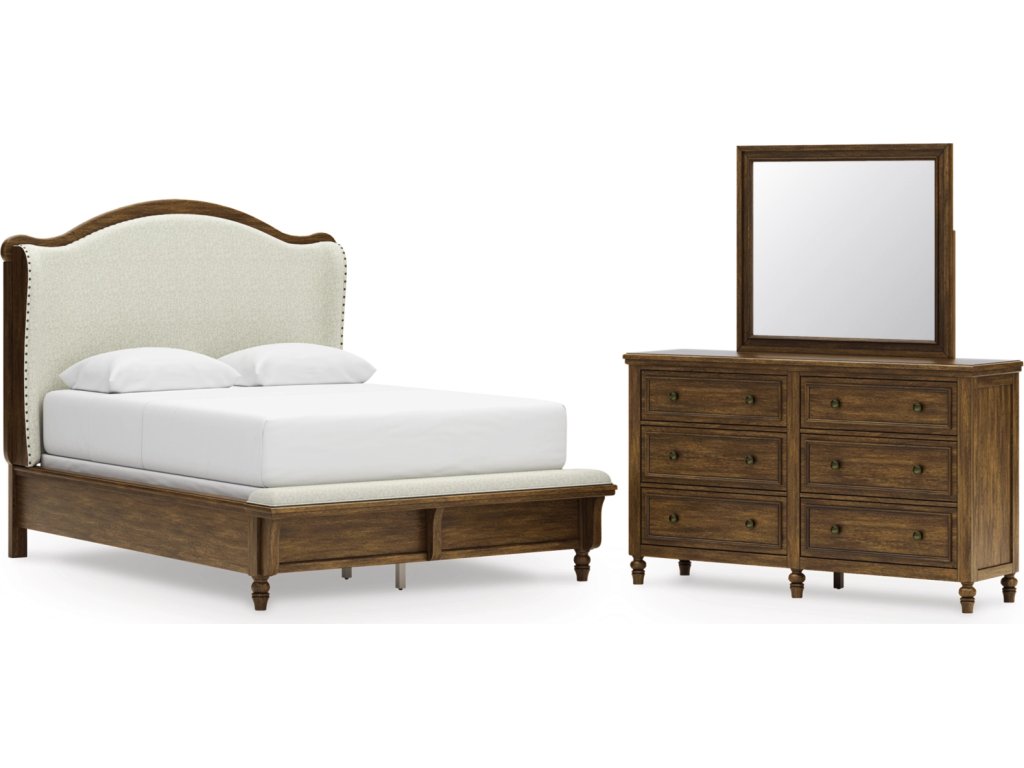 Sturlayne Queen Upholstered Panel Bed, Dresser and Mirror - main image