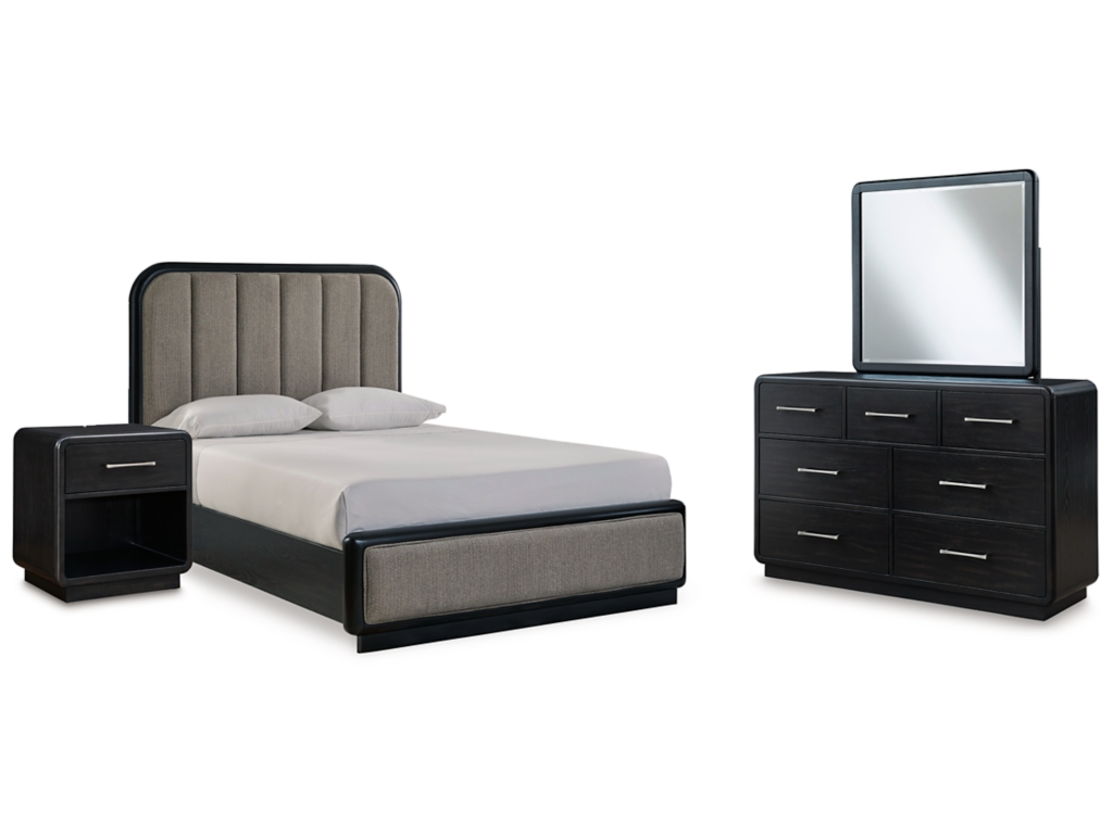 Rowanbeck Queen Upholstered Panel Bed, Dresser, Mirror and Nightstand - main image