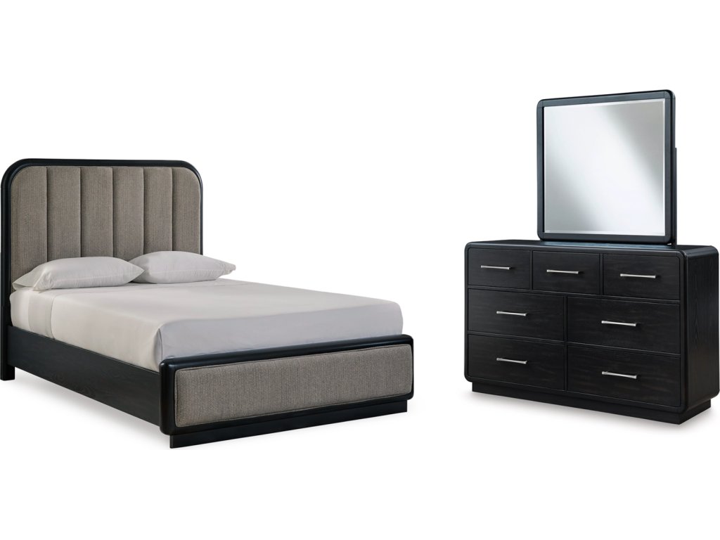 Rowanbeck Queen Upholstered Panel Bed, Dresser and Mirror - main image
