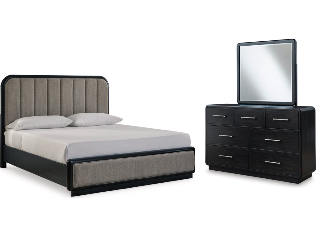 Rowanbeck King Upholstered Panel Bed, Dresser and Mirror - main image
