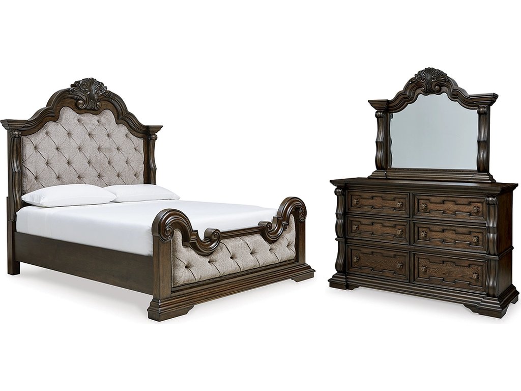 Maylee Queen Upholstered Bed, Dresser and Mirror - main image