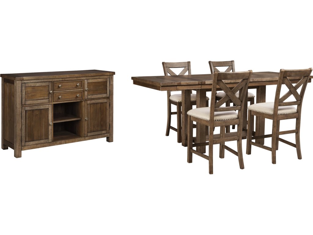 Moriville Counter Height Dining Table, 4 Barstools and Server - main image