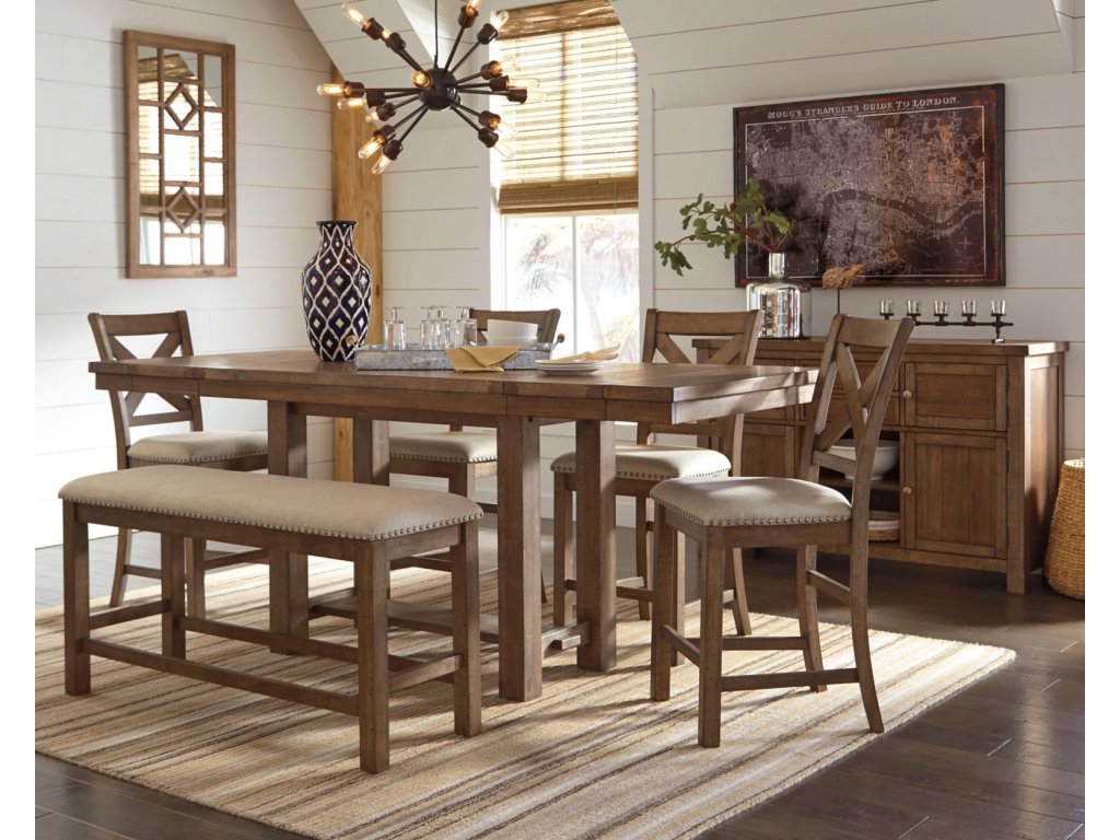 Moriville Counter Height Dining Table with 4 Barstools, Bench, and Server - main image