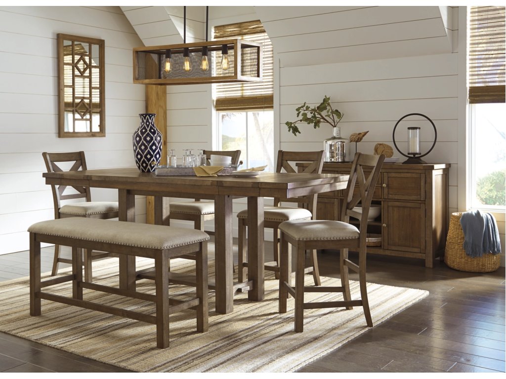 Moriville Counter Height Dining Table with 4 Barstools, Bench, and Server - image 1