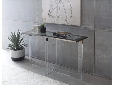 Bastian Console Table in Clear Acrylic and Gunmetal Polished Stainless Steel