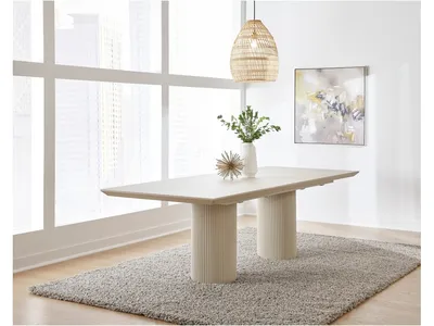 Cannon Stone Top Double Pedestal Extension Dining Table with Ivory Wood Base
