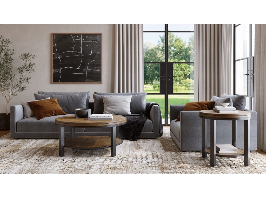 Canyon Solid Wood and Metal Round Coffee Table in Washed Grey - image 1