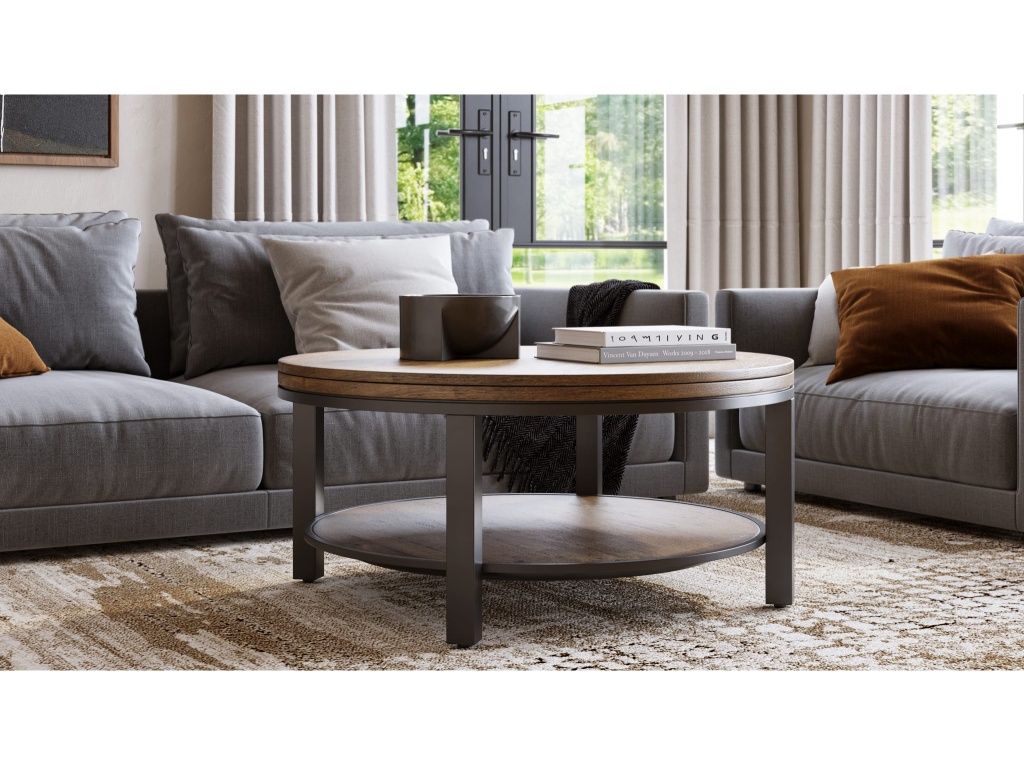 Canyon Solid Wood and Metal Round Coffee Table in Washed Grey - main image