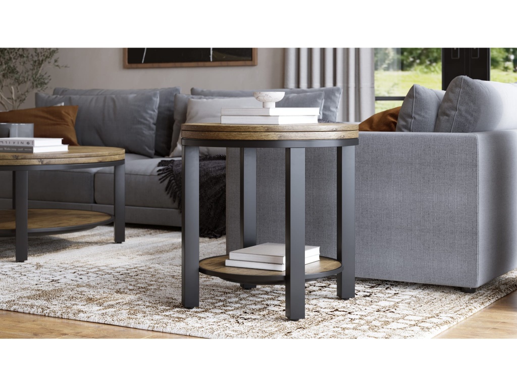 Canyon Solid Wood and Metal Round End Table in Washed Grey - main image