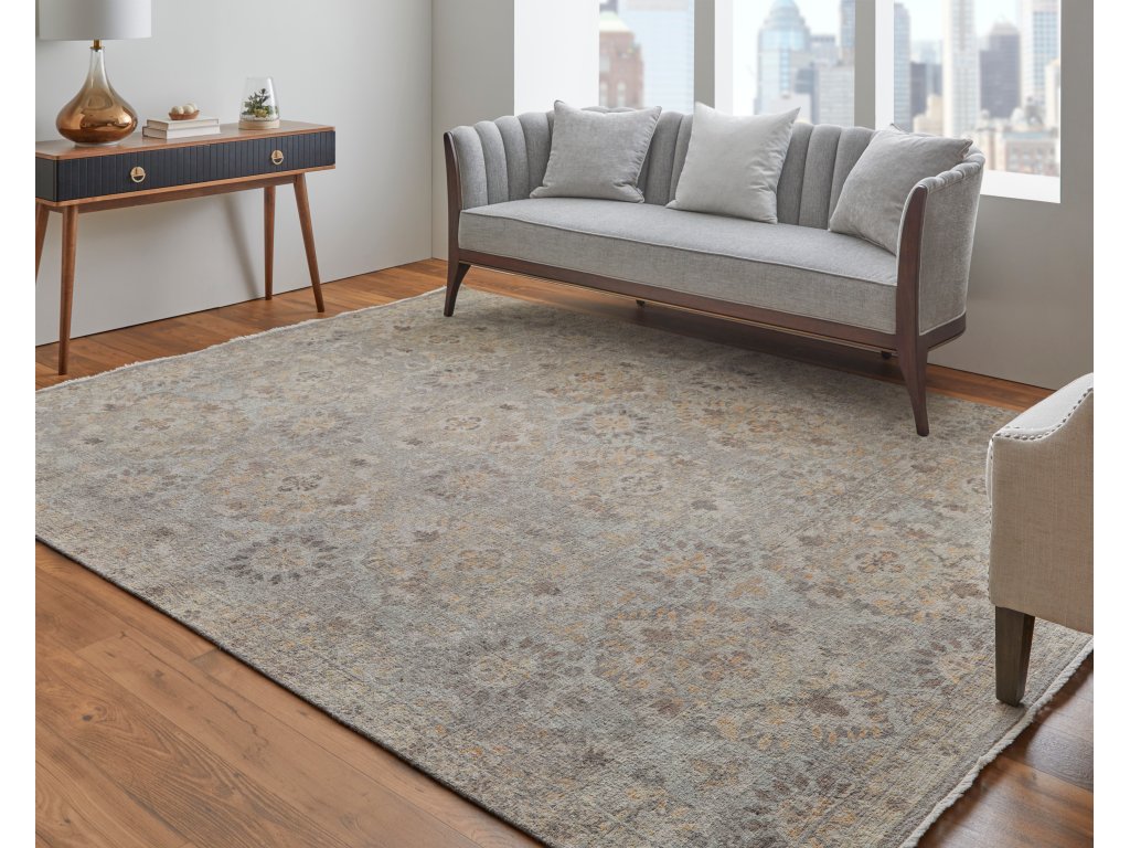 Rowen Transitional Damask, Taupe/Gray/Orange, 7'-9" x 9'-9" Area Rug - image 1