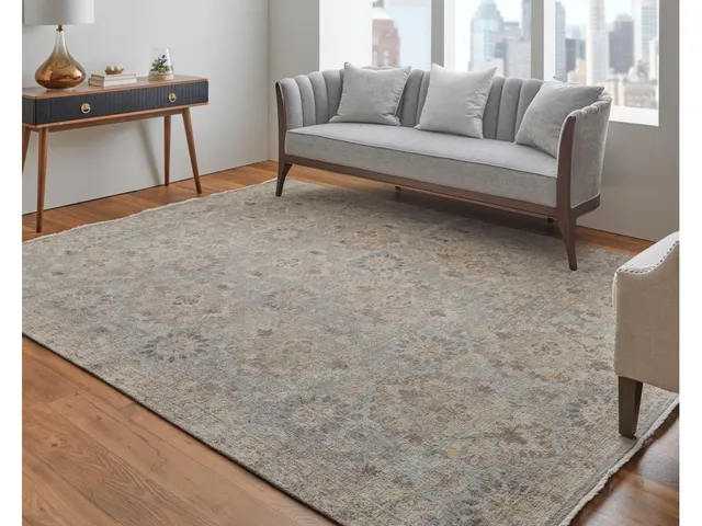 Rowen Transitional Damask, Taupe/Gray/Orange, 7'-9" x 9'-9" Area Rug - Alternative View