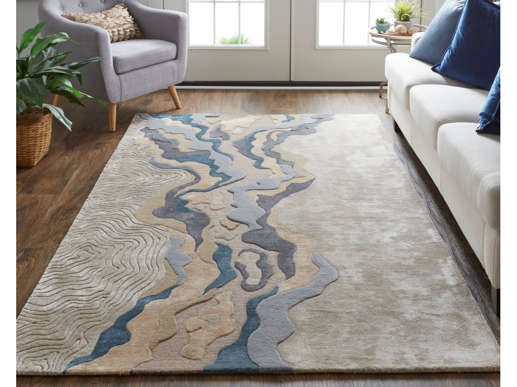 Serrano Transitional Abstract, Tan/Brown/Blue, 2' x 3' Accent Rug - image 1