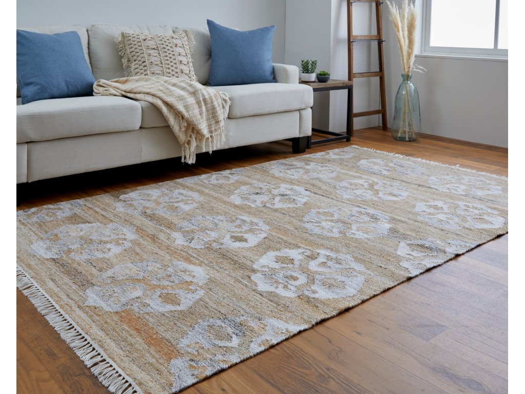 Beckett Transitional Damask, Tan/Ivory/Orange, 5' x 8' Area Rug - image 1