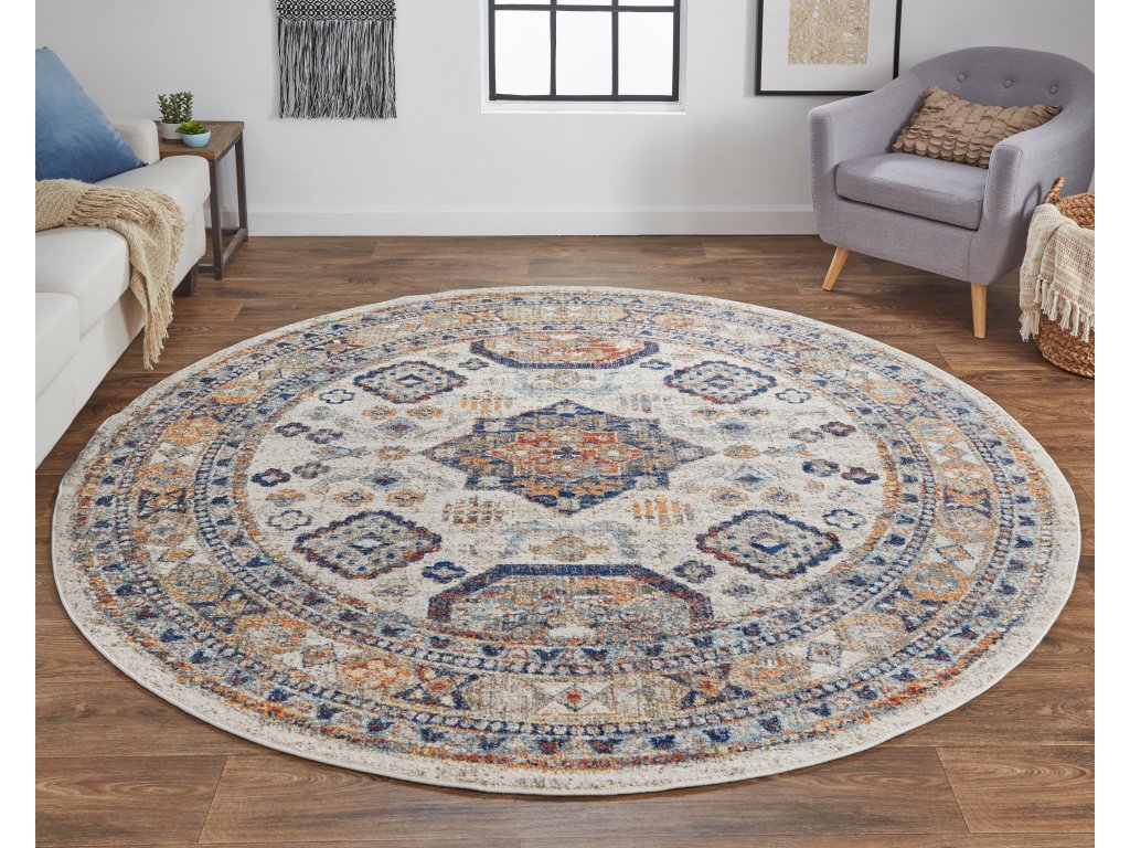 Bellini Transitional Medallion, Ivory/Orange/Blue, 7'-10" x 7'-10" Round Rug - image 1