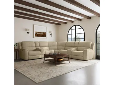 Henry Beige Leather Power Reclining Sectional with Power Headrest & Lumbar