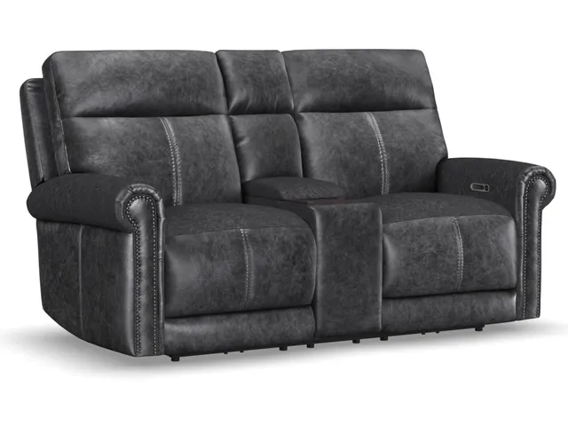 Alexander Leather Power Reclining Loveseat with Console, Power Headrest & Lumbar