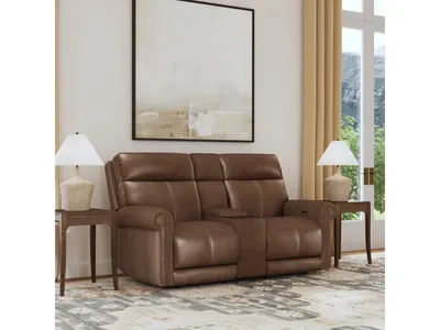 Alexander Leather Power Reclining Loveseat with Console, Power Headrest & Lumbar