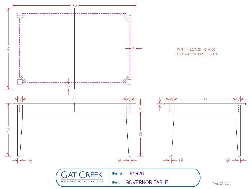 Gat Creek 70" Governor Table with Four Leaves, alternate view 3