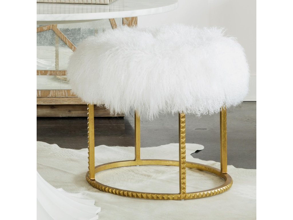 Stud Pouf-Gold Leaf-White Fur - image 1