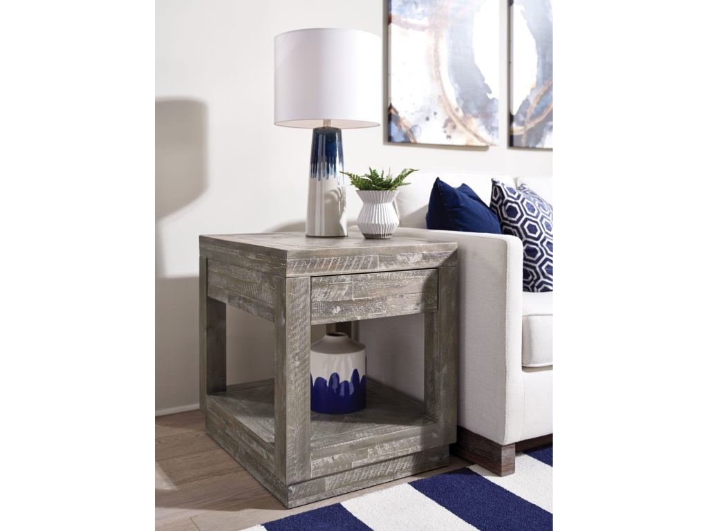 Herringbone Solid Wood One Drawer End Table in Rustic Latte - main image