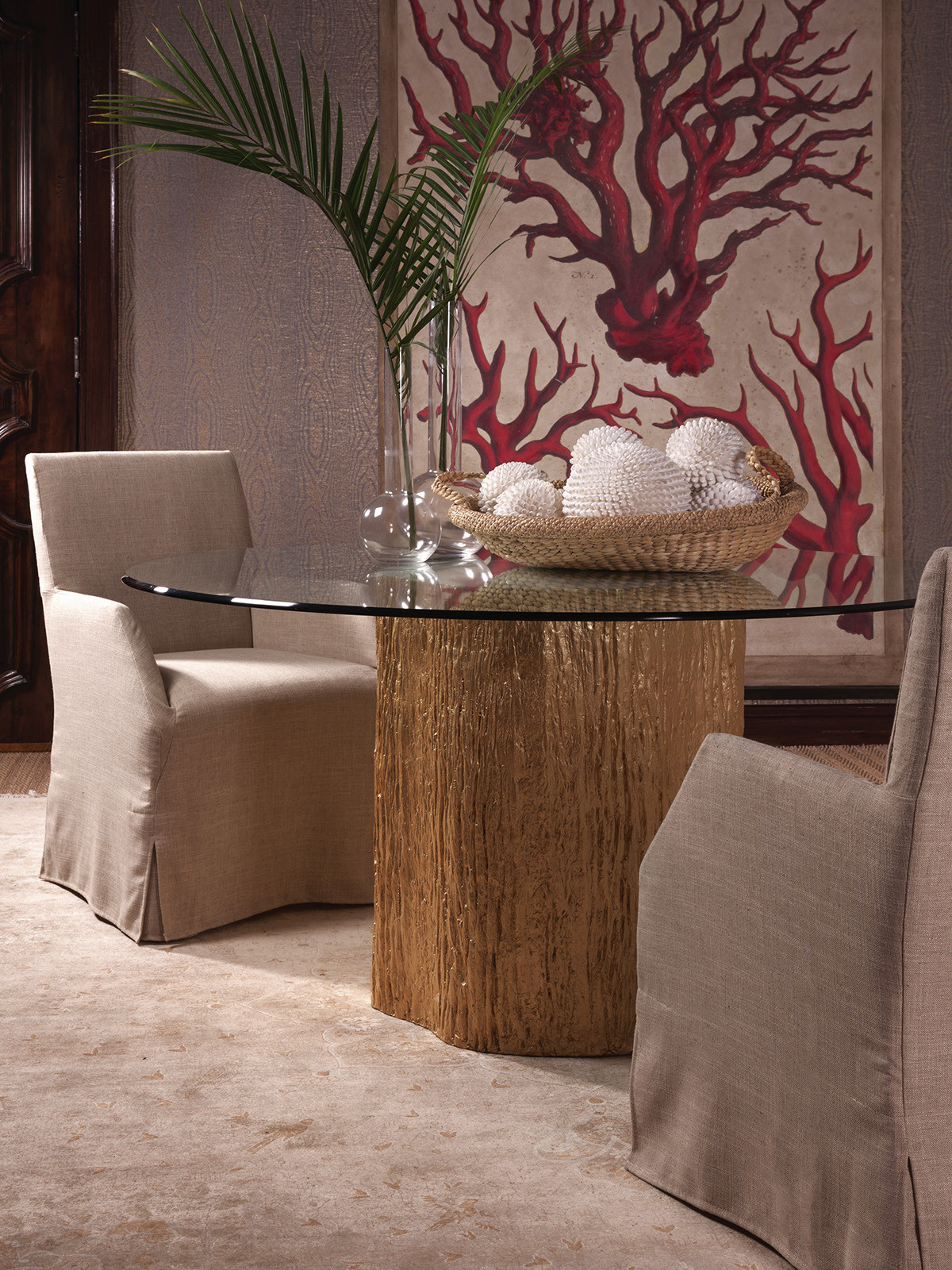 Trunk Segment Round Dining Table With Glass Top-Gold Leaf - image 1