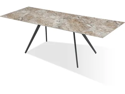 Lucia Double Extension Stone Top Metal Leg Dining Table in Rich Brown and Black