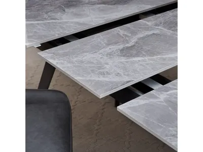 Lucia Extendable Stone Top Metal Leg Dining Table in Piedra and Black