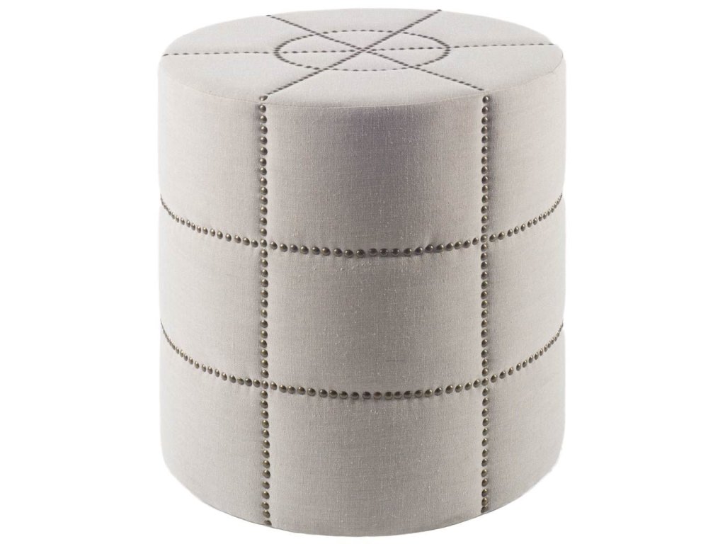 20.5"H Cream Fabric w/ Metal Tacks Round Ottoman - main image