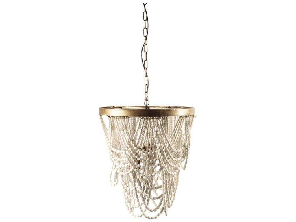 (26"X23") Gold Metal Whitewashed Wooden Bead Three Bulb Chandelier - main image