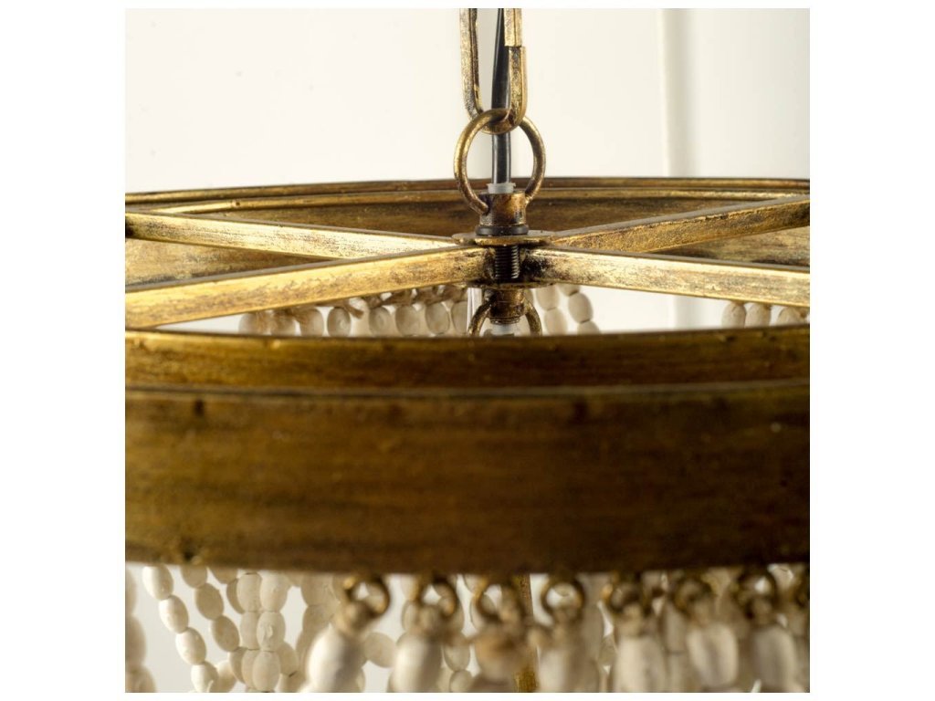 (26"X23") Gold Metal Whitewashed Wooden Bead Three Bulb Chandelier - image 2