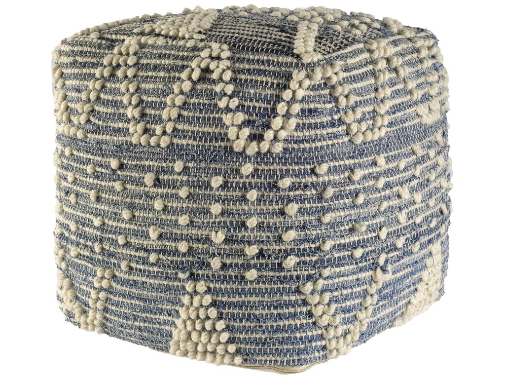 Blue Denim and Cream Cotton Stitched Square Pouf - main image