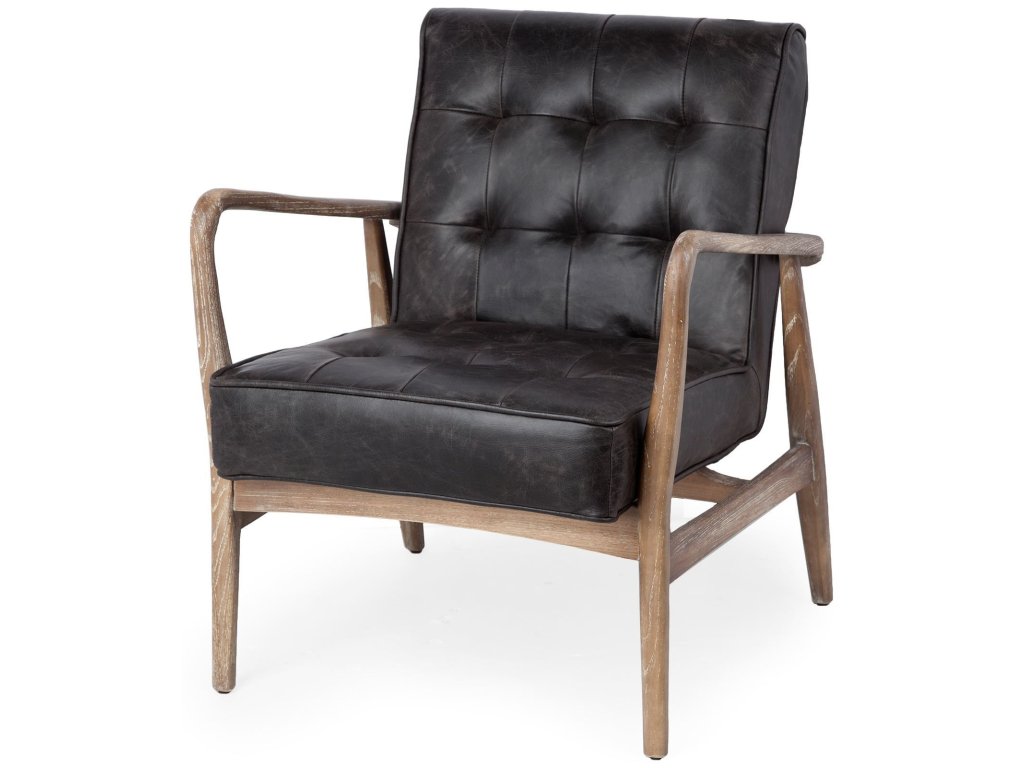 Black Leather w/ Brown Wooden Frame Accent Chair - main image