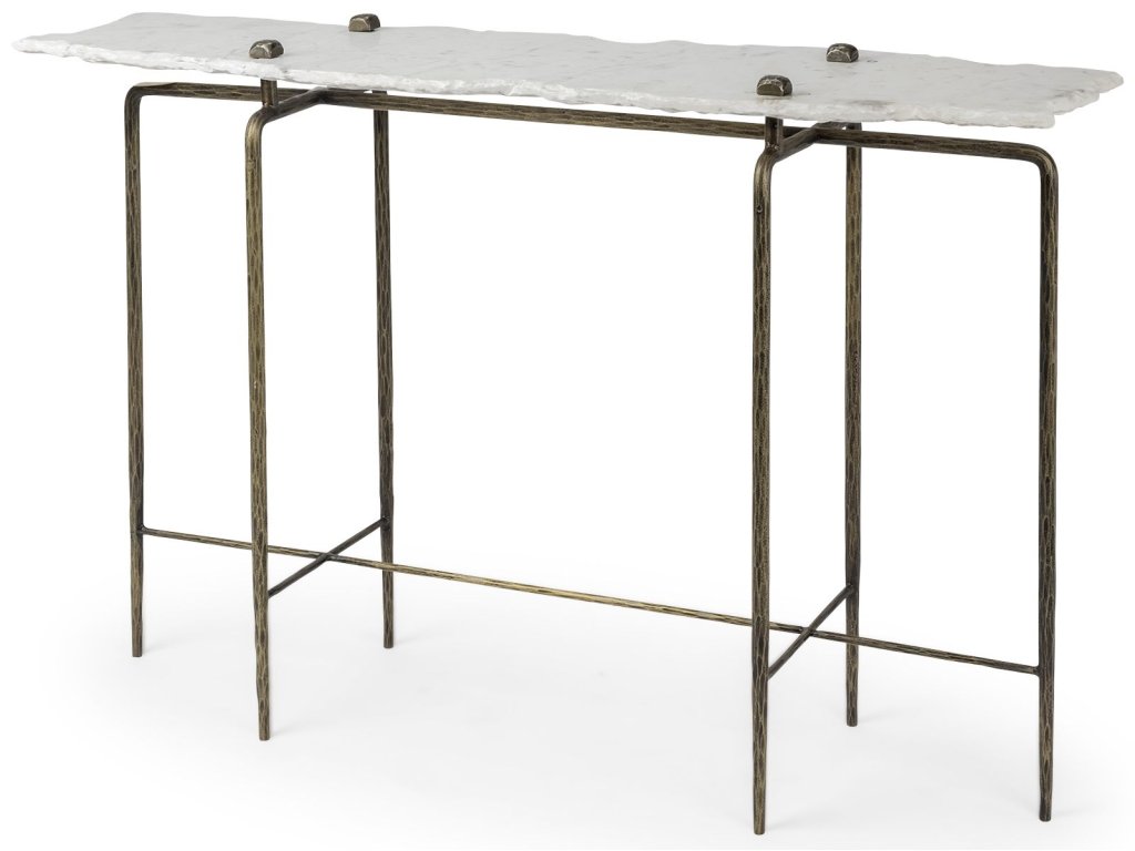 III 49L x 17W White Marble Top Gold-Toned Iron Base Console Table - main image