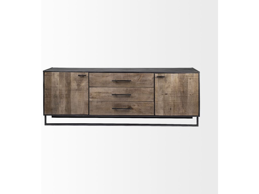 82X20 Brown Solid Wood With Black Metal Frame 3 Drawer 2 Cabinet Door Sideboard - image 1