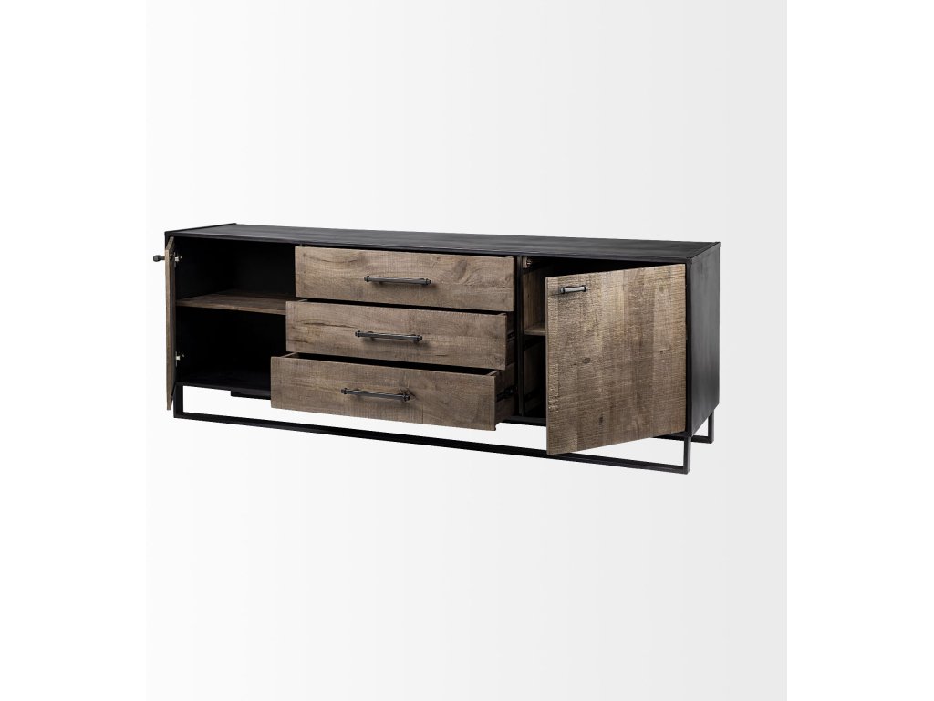 82X20 Brown Solid Wood With Black Metal Frame 3 Drawer 2 Cabinet Door Sideboard - image 4