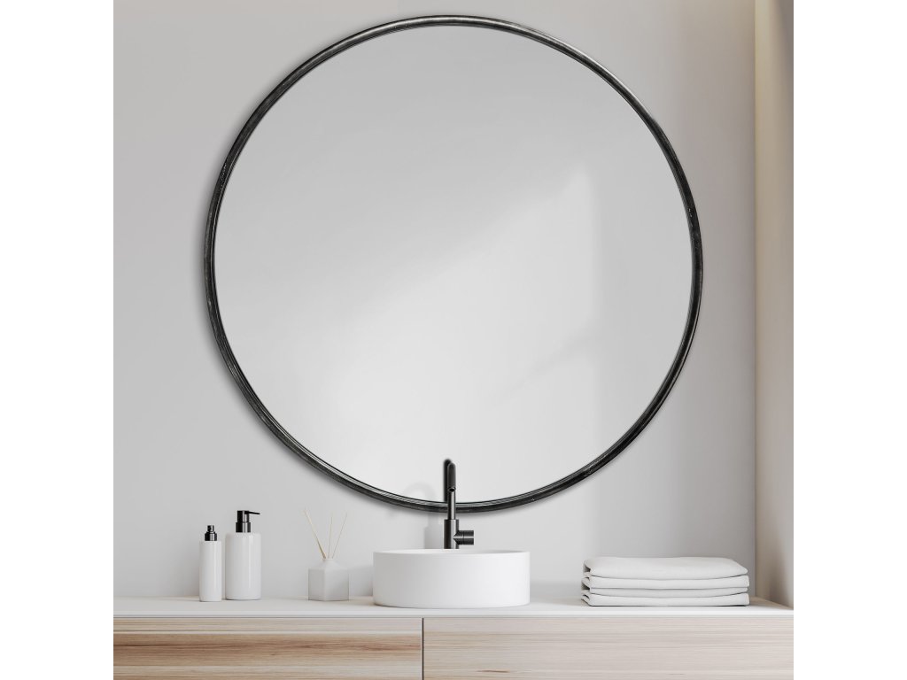 47.2L x 1.0W x 47.2H Large Black Metal Round Wall Mirror - image 1