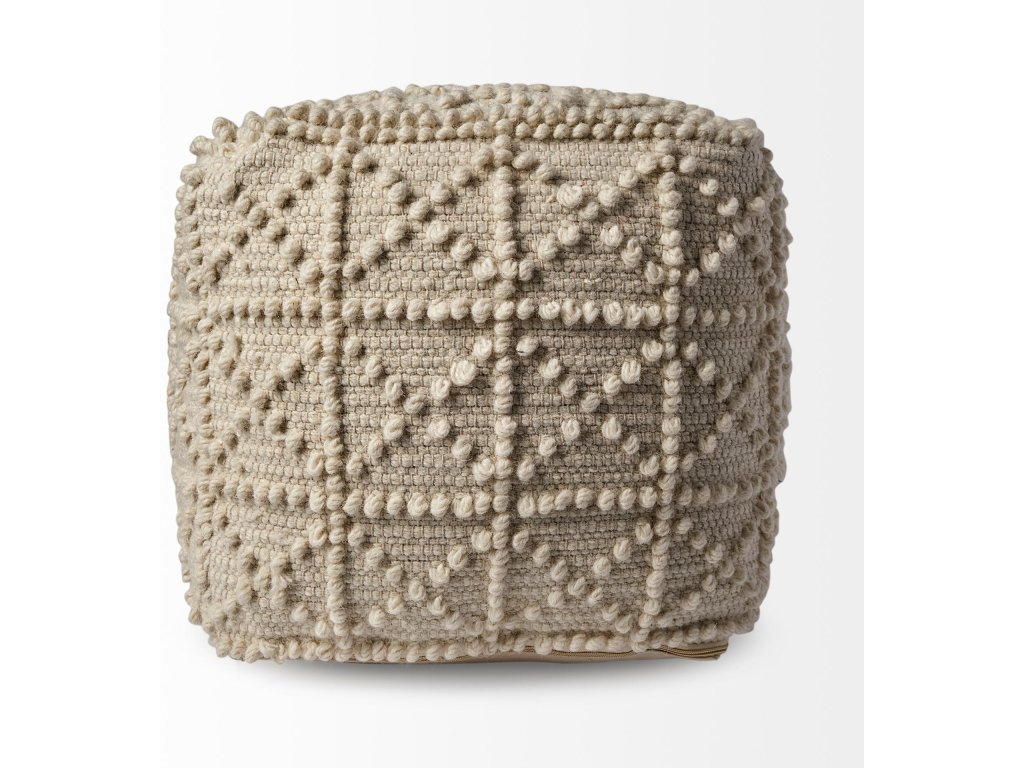 Square Cream Wool Pouf w/ Popcorn Detail - image 3