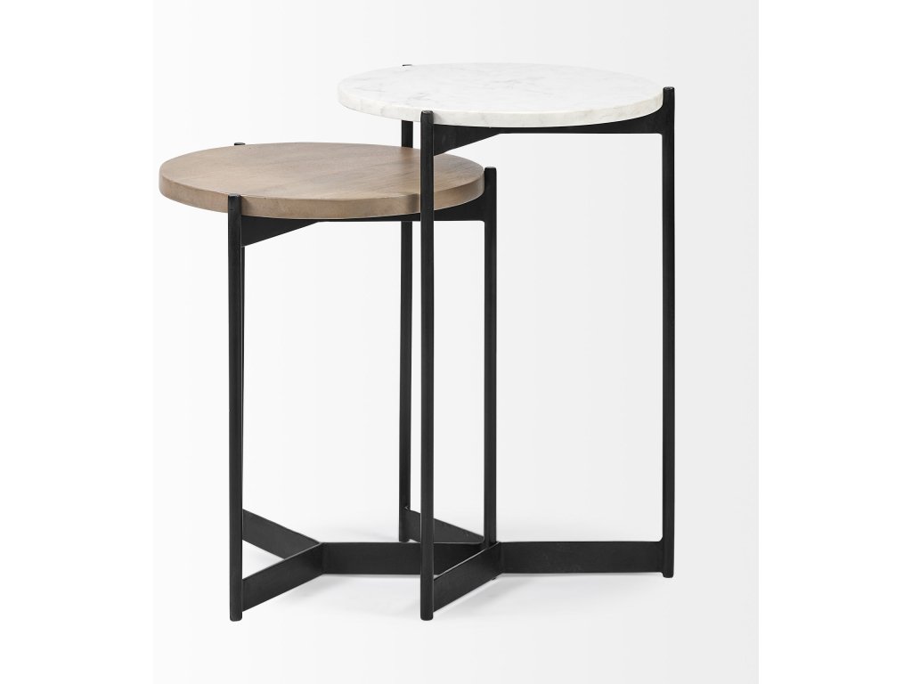 II Marble and Medium Brown Wood Round Tabletop Nesting End/Side Tables - image 7